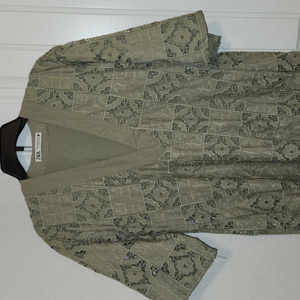 Zara sage green color embroidered dress tunic cover up XS